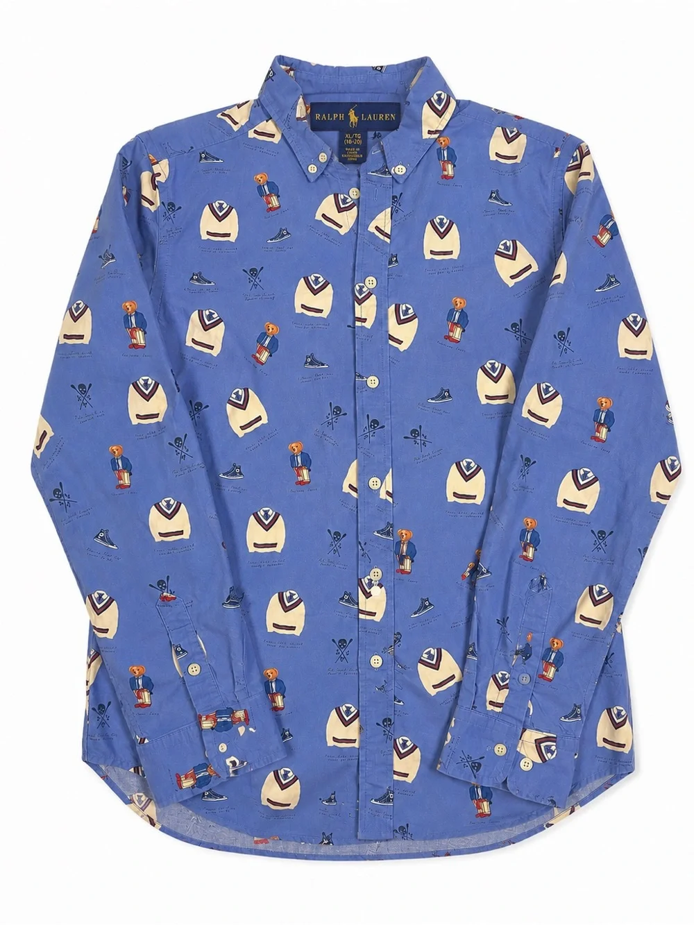 Ralph Lauren Boys XL 18-20 Blue Polo Bear Long Sleeve Button Down Shirt